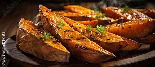 Closeup of Japanese roasted sweet potato on wooden plate, wooden table. photo