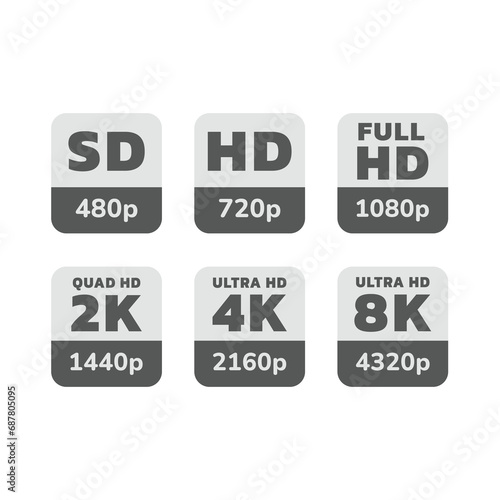 Full and ultra HD screen resolutions label sticker set. 4K, 8K and 1080p stickers and labels.