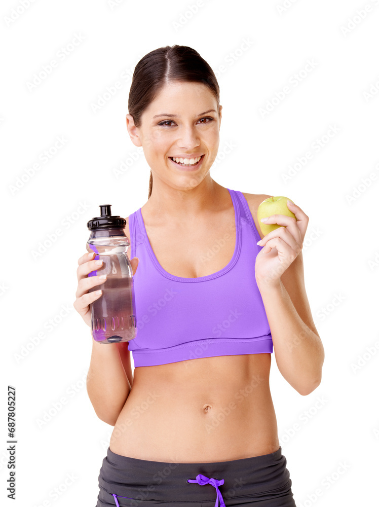 Woman, apple and water bottle in studio for healthy food choice, wellness and diet on a white background. Portrait of young model or vegan person with green fruit and liquid for detox or weight loss Woman, apple and water bottle in studio for healthy food choice, wellness and diet on a white background. Portrait of young model or vegan person with green fruit and liquid for detox or weight loss