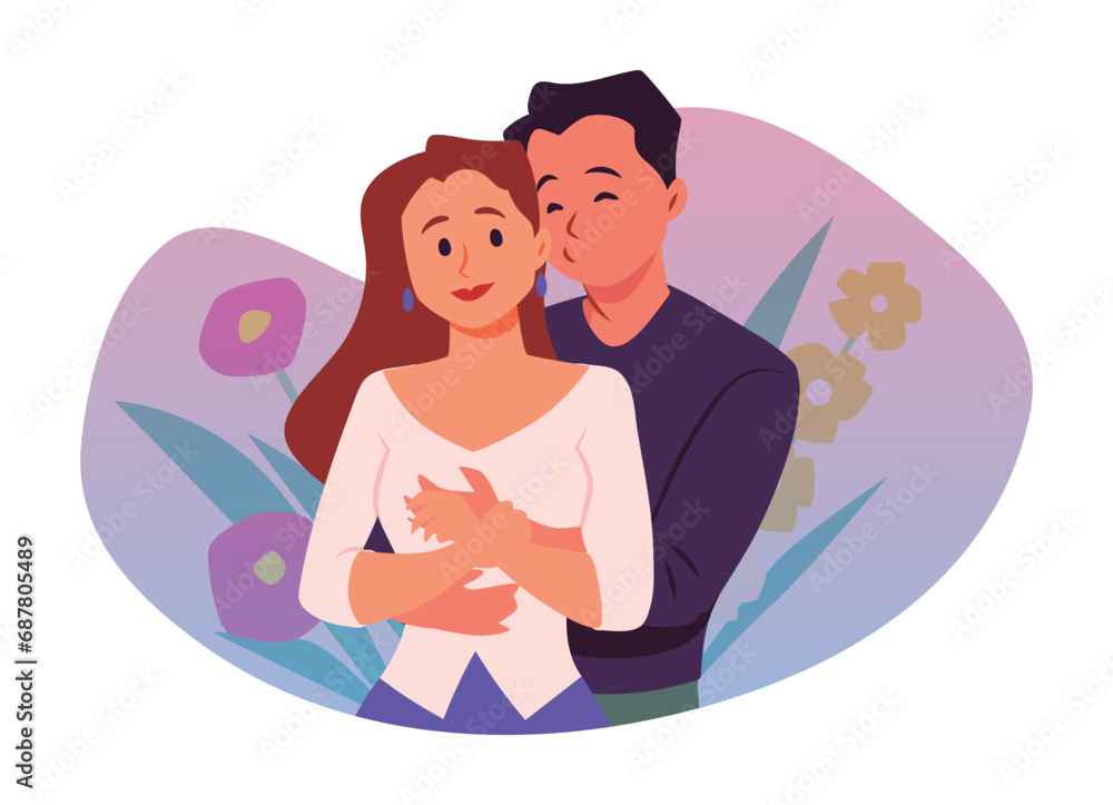 Enamored young couple hugging and kissing, vector romantic love relationship enjoying time together on floral background Enamored young couple hugging and kissing, vector romantic love relationship enjoying time together on floral background