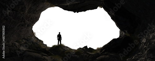 Adventure Man Hiker standing on top of Mountain Peak. Cutout on White Background. 3d Rendering photo