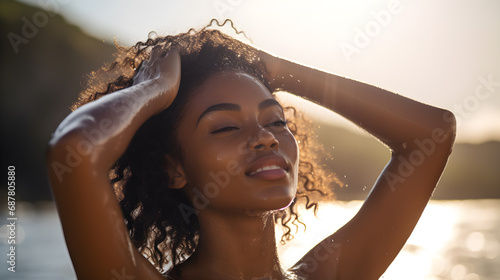 Close-up of young woman enjoying swimming and sunbathing at the beach. photo