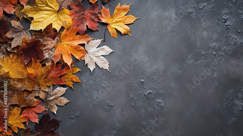 Autumn leaves on black textured background. Top view with copy space
