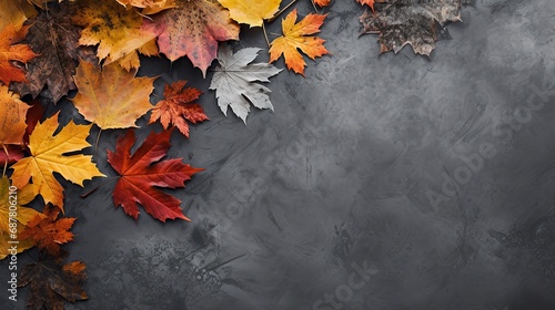 Autumn leaves on black textured background. Top view with copy space © ffunn