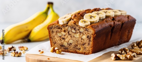 Closeup view of gluten-free banana bread with walnuts and honey sliced on a white marble table.