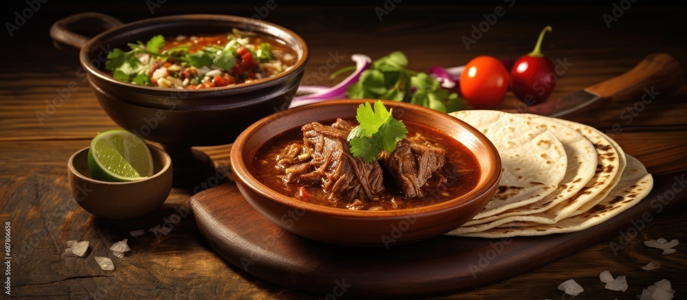 Mexican birria soup and four beef tacos.