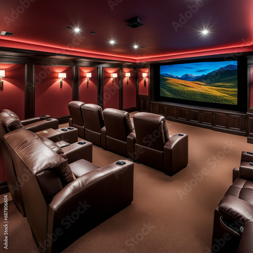  Inviting home theater with plush seating, dimmable lights, and a large projection screen