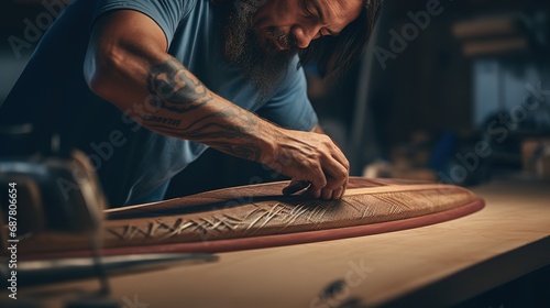 Closeup shot of a man measuring and cutting wood planks for a DIY home improvement project, building a deck in the summer
