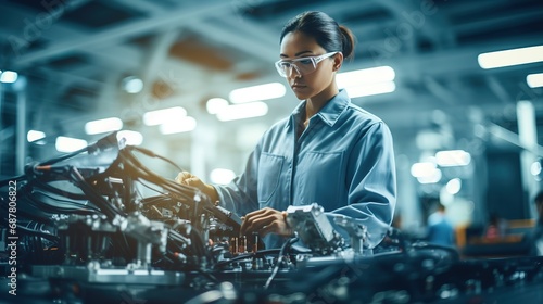 Confident female worker skillfully operating high-tech machinery in a modern automotive manufacturing setting, candid shot photo