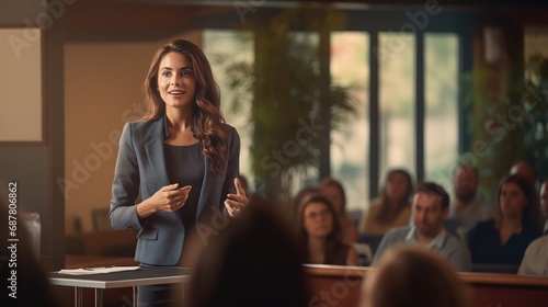 Confident businesswoman delivering a corporate presentation at a seminar or conference. The image showcases her expertise and leadership skills in a professional setting