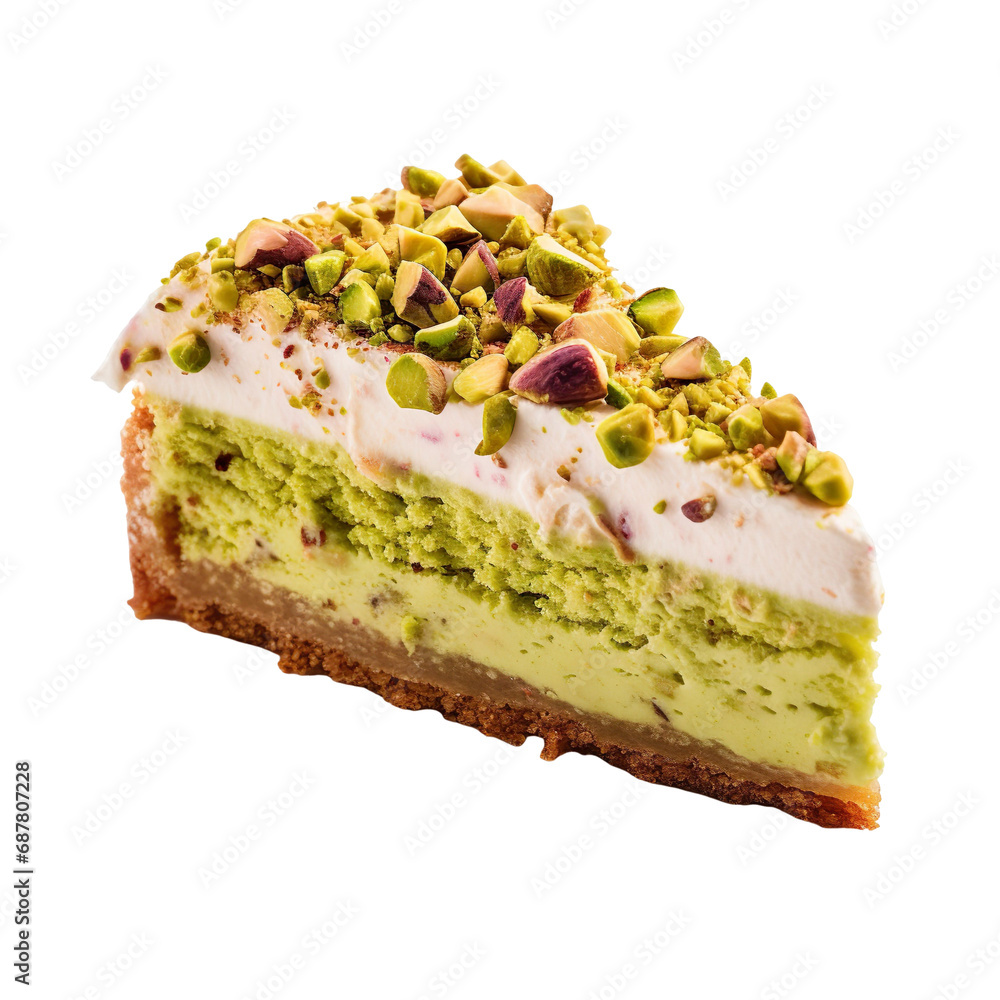 Angled view of a scrumptious cake slice with toasted coconut flakes, isolated on a white background Angled view of a scrumptious cake slice with toasted coconut flakes, isolated on a white background