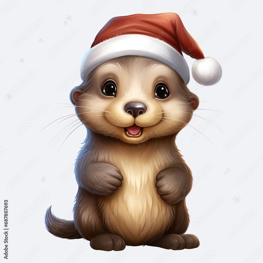 Otter and santa hat with christmas tree Otter and santa hat with christmas tree
