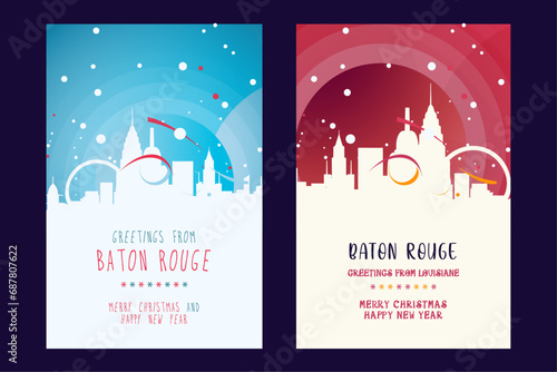 Baton Rouge city poster with Christmas skyline, cityscape, landmarks. Winter USA holiday, New Year vertical vector layout for Louisiana state brochure, website, flyer, leaflet, card