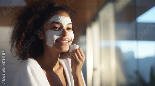Elegance in Routine: A young african american woman transforms her bathroom into a beauty retreat, delicately applying a white mask for a serene moment