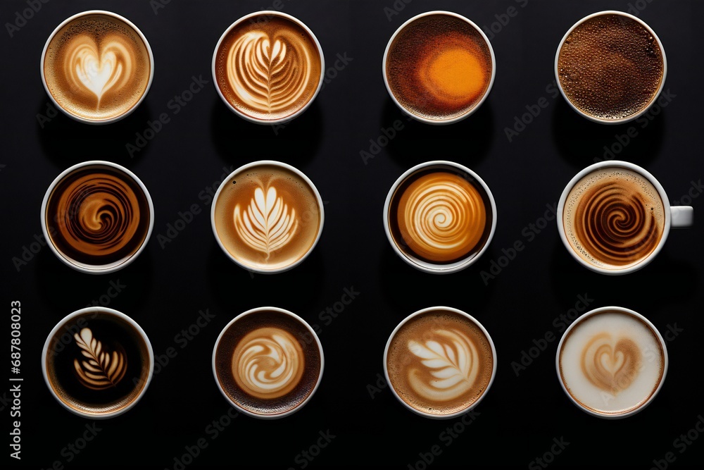 Buch of coffee cups with different kind of beverage and different latte art foam designs. Top view, close up, copy space, background. Buch of coffee cups with different kind of beverage and different latte art foam designs. Top view, close up, copy space, background.