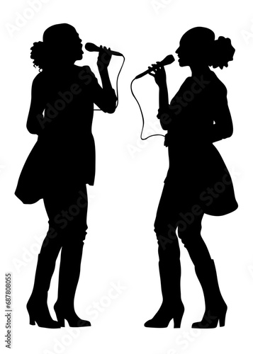Singer woman with microphones on stage on white background