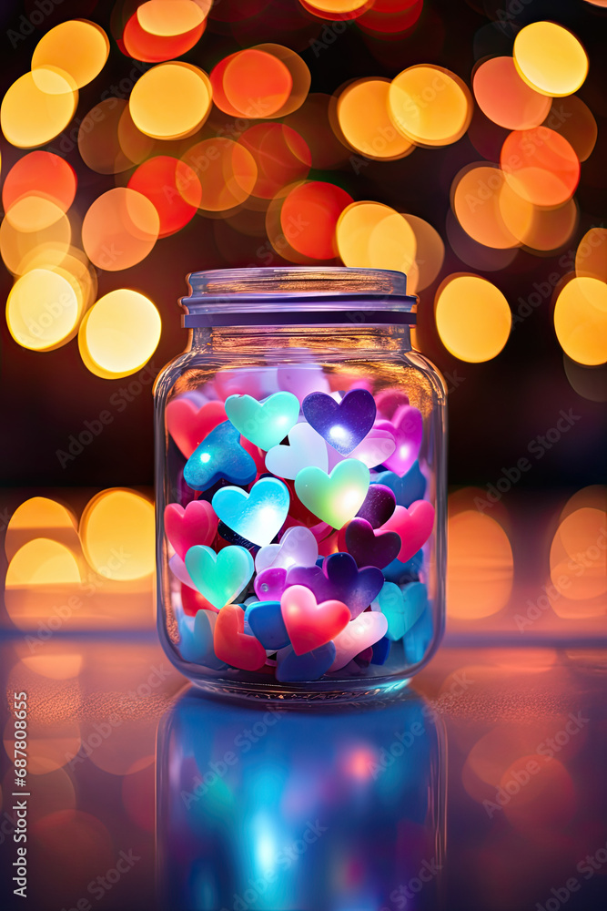 Glowing mini love shaped objects in a jar Glowing mini love shaped objects in a jar