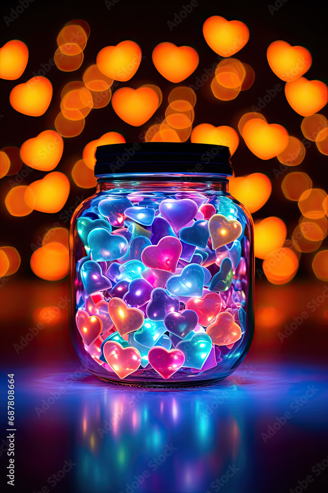 Glowing mini love shaped objects in a jar