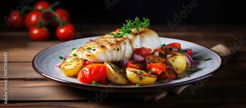 Fried cod fillet with veggies on a wooden table. © 2rogan