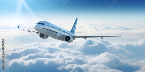 Flying airplane and airplane concept booking service or travel agency Airborne Dreams: Flying Airplane and Air Travel Concept 