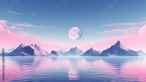 Pink landscape with moon over polygonal mountains. Calm surreal backround.