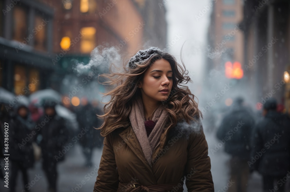 Woman in Winter Cityscape