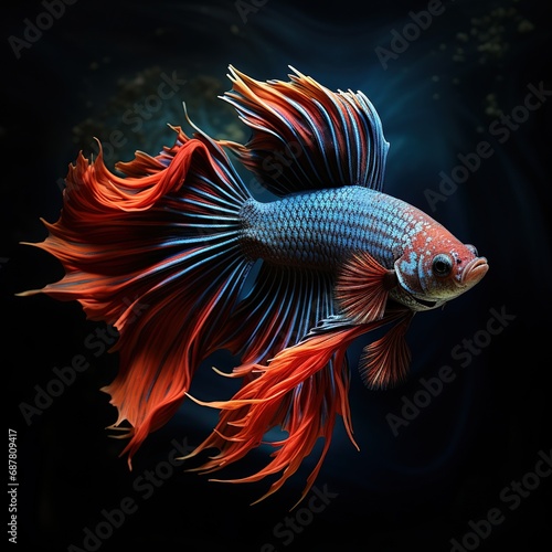 Photo. of a colorful Red Crowntail Betta Fish on a dark