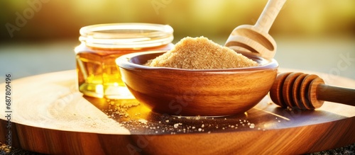 Brown sugar, honey, and olive oil combined in a glass bowl on a wooden chopping board make a natural lip scrub. photo