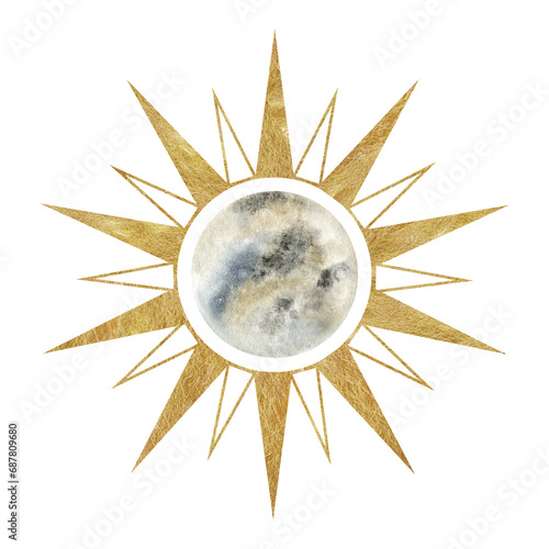 Moon and sun. Solar eclipse. Esoteric signs and symbols. Watercolor illustrations on the topic of astrology and esotericism. Isolated. Minimalistic illustration for design, print, fabric or background