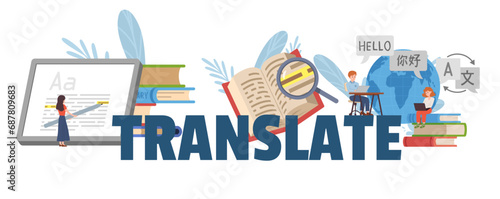 Translator and translation service concept, computer technologies, dictionary books, magnifying glass vector banner