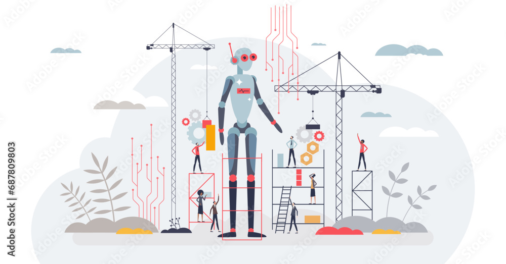 Future of robotics and modern technological development tiny person concept, transparent background. Futuristic electronics industry with artificial intelligence. Future of robotics and modern technological development tiny person concept, transparent background. Futuristic electronics industry with artificial intelligence.