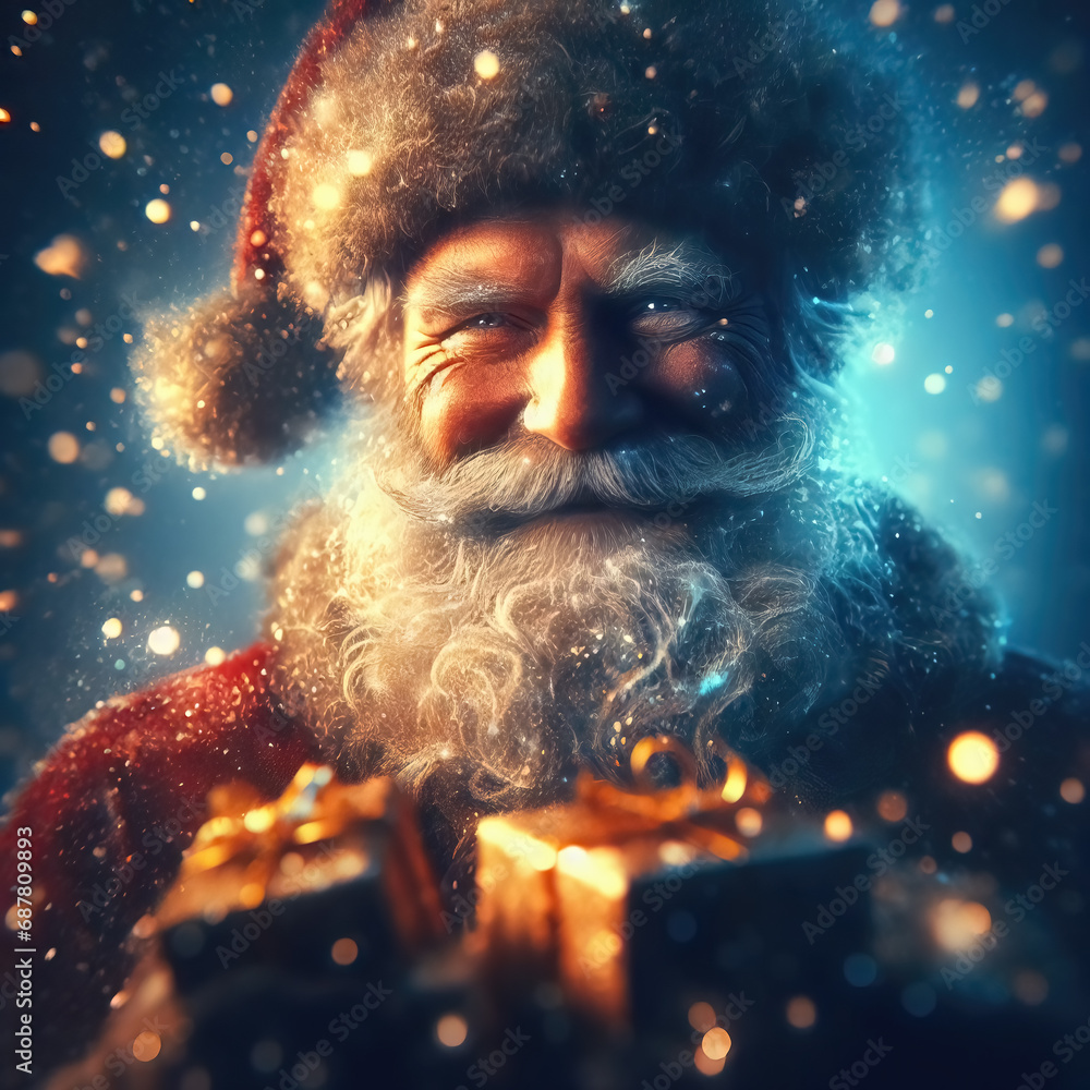 Santa Claus portrait with gifts on a festive background Santa Claus portrait with gifts on a festive background