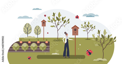 Eco friendly pest control with natural insecticides tiny person concept, transparent background. Use good insects or birds for healthy alternative to fight pests and plant hazards illustration.