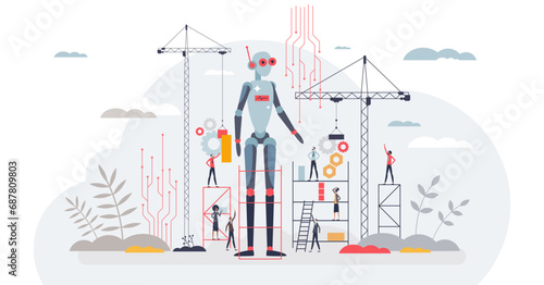 Future of robotics and modern technological development tiny person concept, transparent background. Futuristic electronics industry with artificial intelligence.