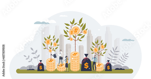 Investment growth garden with green business money and profit tiny person concept, transparent background.