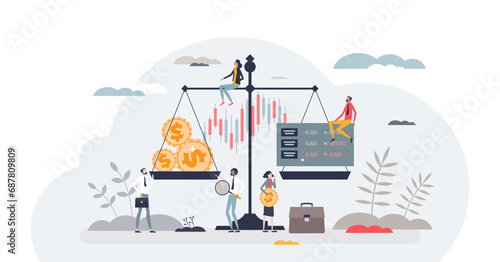 Balancing investments and financial profit balance tiny person concept, transparent background. Risk evaluation and scales with money and stock market shares value comparison illustration.