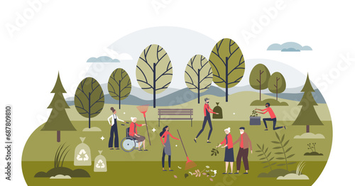 Fototapeta Naklejka Na Ścianę i Meble -  Eco volunteer movement and garbage picking to save nature tiny person concept, transparent background. Environmental trend to clean forests from litter, trash and rubbish illustration.