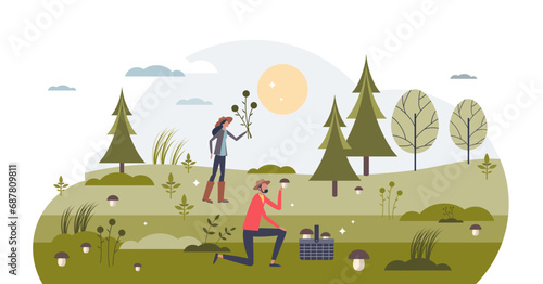 Foraging and wildcrafting as outdoor activity in forest tiny person concept, transparent background. Collect natural resources as mushrooms, herbs, wild flowers and berries illustration.