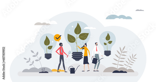 Sustainable innovation and smart ecological business tiny person concept, transparent background. Green, sustainable and nature friendly company development with innovative investment illustration.