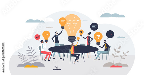 Creative brainstorming and innovative idea meeting tiny person concept, transparent background. Business collaboration with new vision and successful breakthrough for company illustration.