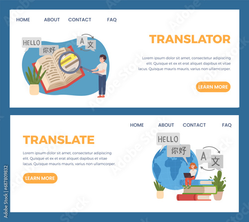 Translator, landing page template, vector banner in flat cartoon style