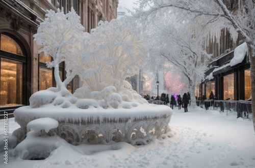 Snow-Enshrouded Urban Fountain and Trees