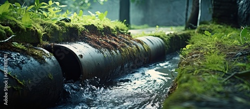 Iron drainage pipe with release valve over runoff culvert. photo