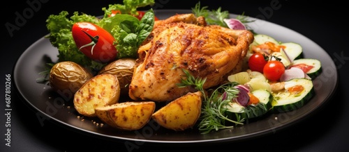 Crispy chicken, roasted potatoes, and salad.