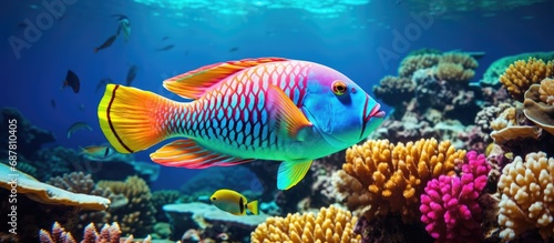 Close-up view of tropical wrasse, known as Cheilinus lunulatus, at Red Sea coral reef in Egypt, showing underwater life with fish and corals.
