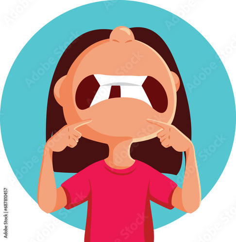 Toddler Girl Missing a Tooth Vector Funny Cartoon illustration. Unhappy kid losing baby teeth feeling sore 
