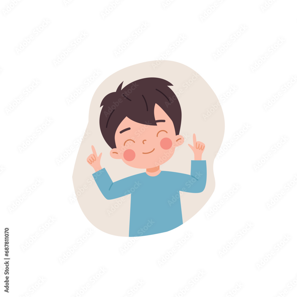 Cute child boy with closed eyes points finger up flat style Cute child boy with closed eyes points finger up flat style