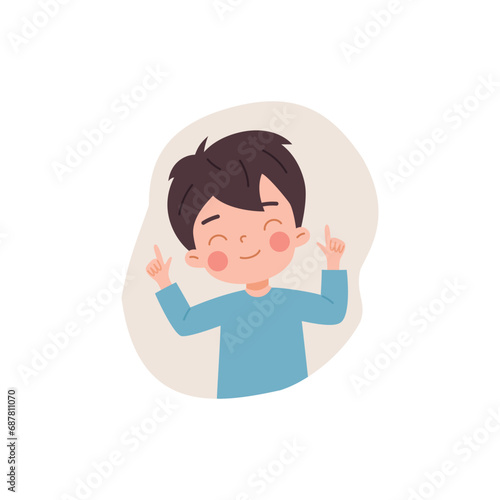 Cute child boy with closed eyes points finger up flat style