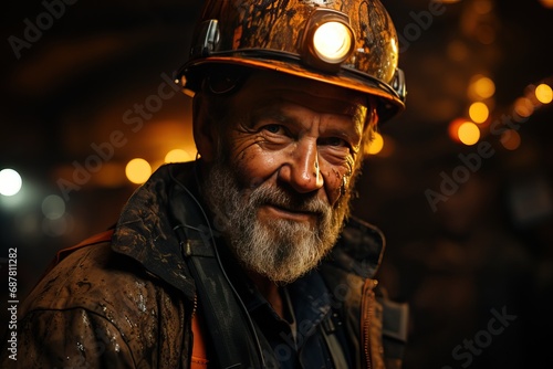 Old and bearded smiling miner in the mine.