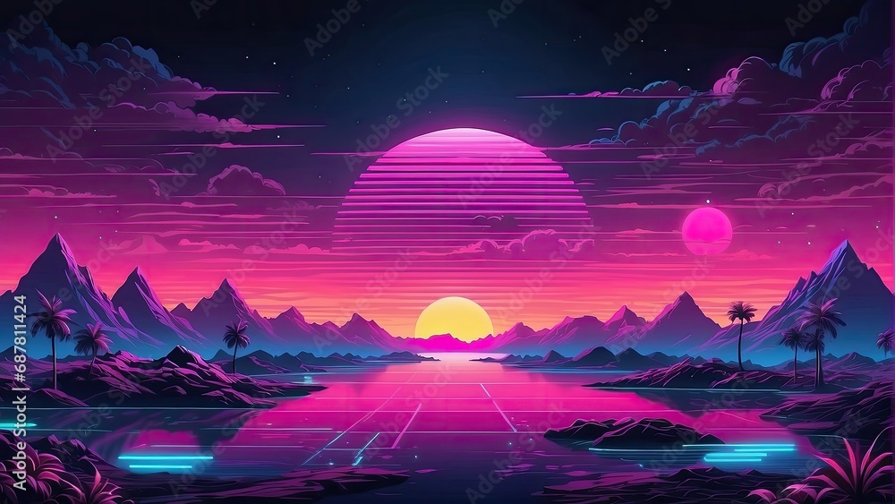 Retro 1980s-style background with palm trees, sun, and mountains. Futuristics Landscape